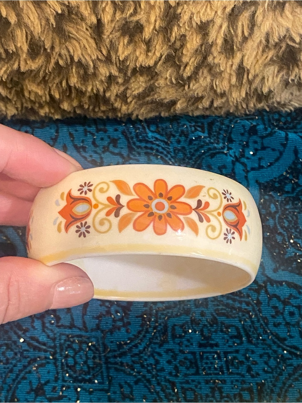70s Cream and Orange Floral Bangle Bracelet
